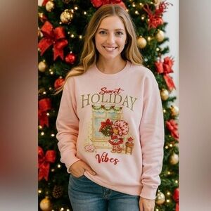 Strawberry Shortcake Sweet Holiday Vibes Pink Graphic Sweatshirt Christmas L
